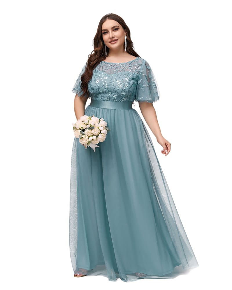 Front of a model wearing a size 14 Sequin Leaf Floor-length Evening Dress in Dusty Blue by Ever-Pretty. | dia_product_style_image_id:285725